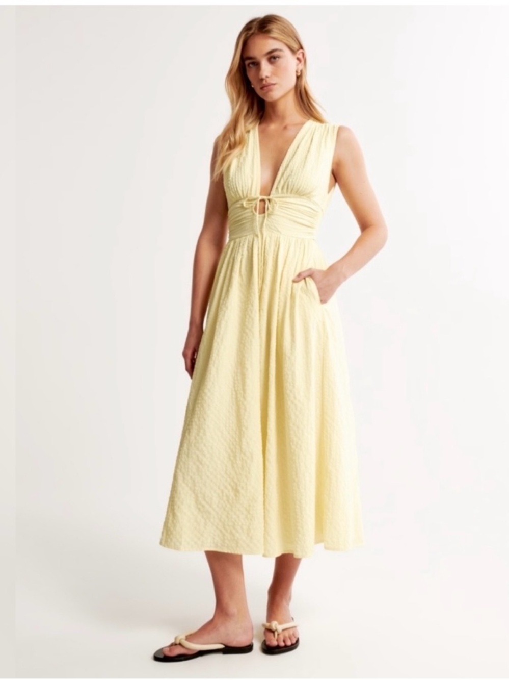 Abercrombie & Fitch Pale Yellow Sleeveless Midi Dress with Front Tie